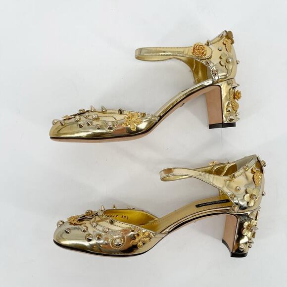Dolce & Gabbana Metallic Gold Vally Flower Spike Studded Block Heel IT 39.5 - Picture 4 of 12
